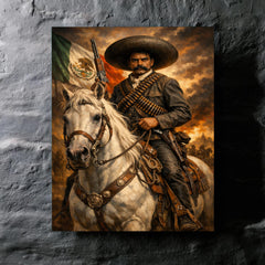 Emiliano Zapata with white horse and cartridge belts metal print mockup
