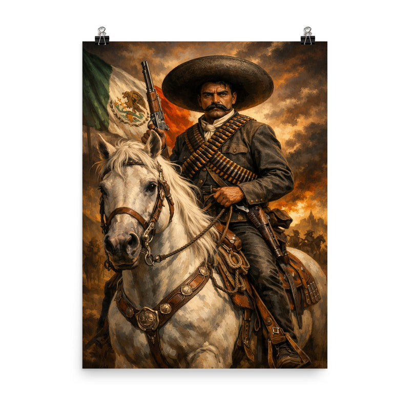 Emiliano Zapata with white horse and cartridge belts poster on a plain backdrop in size 8