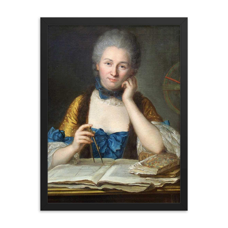 Emilie du Chatelet framed print on a plain backdrop in size 18