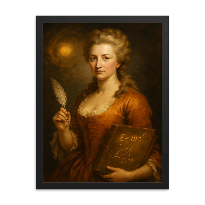 Emilie du Chatelet framed print on a plain backdrop in size 18