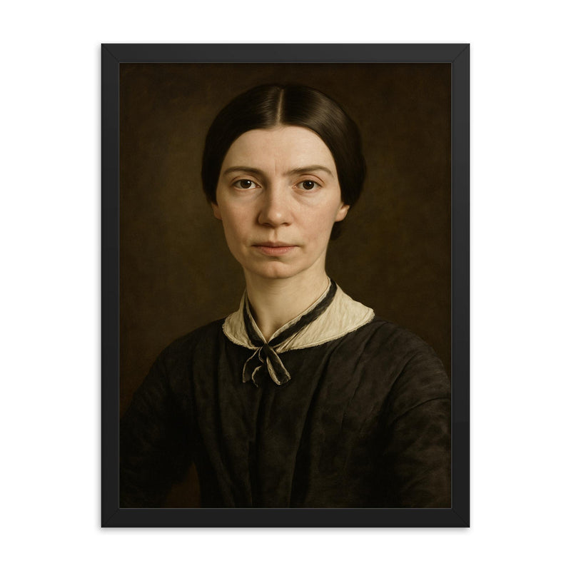Emily Dickinson portrait framed print on a plain backdrop in size 18