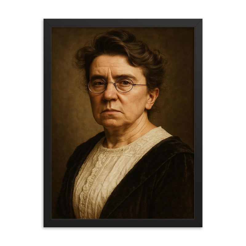 Emma Goldman portrait framed print on a plain backdrop in size 18