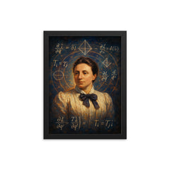 Emmy Noether amidst symmetry equations framed print on a plain backdrop in size 12"x16".