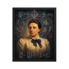 Emmy Noether amidst symmetry equations framed print on a plain backdrop in size 16"x20".