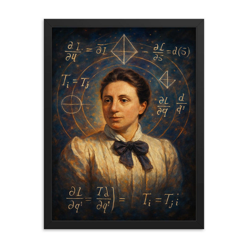 Emmy Noether amidst symmetry equations framed print on a plain backdrop in size 18