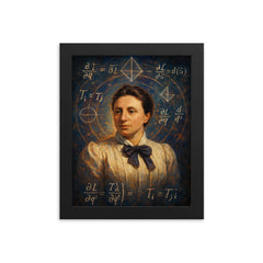 Emmy Noether amidst symmetry equations framed print on a plain backdrop in size 8"x10".