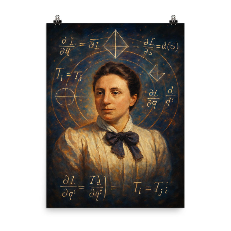 Emmy Noether amidst symmetry equations poster on a plain backdrop in size 8