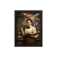 Emmy Noether at blackboard of symmetries framed print on a plain backdrop in size 12"x16".