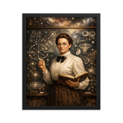 Emmy Noether at blackboard of symmetries framed print on a plain backdrop in size 16"x20".