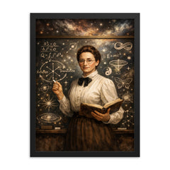Emmy Noether at blackboard of symmetries framed print on a plain backdrop in size 18"x24".