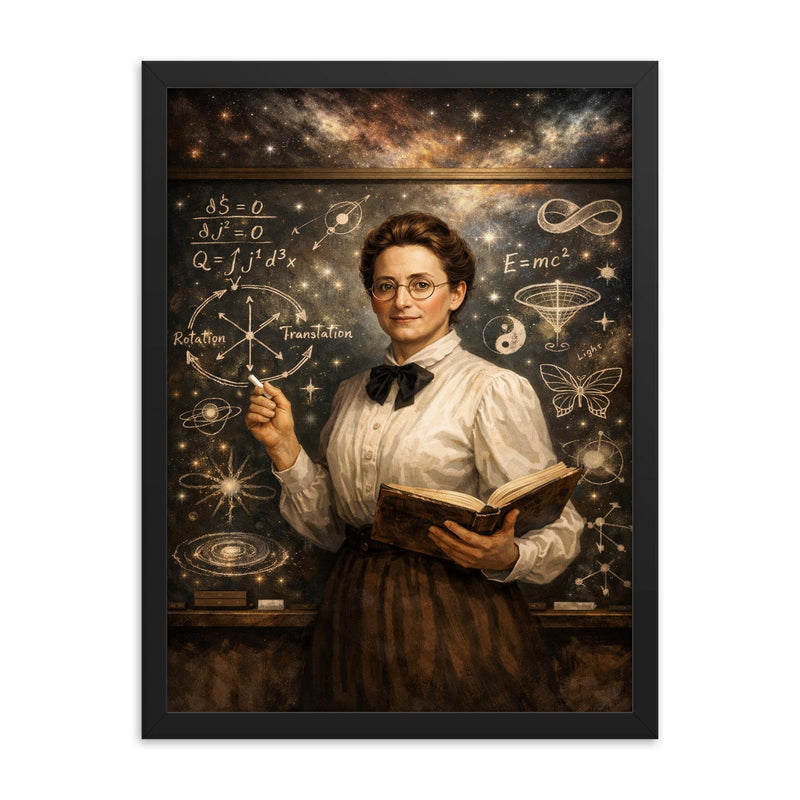 Emmy Noether at blackboard of symmetries framed print on a plain backdrop in size 18