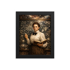 Emmy Noether at blackboard of symmetries framed print on a plain backdrop in size 8"x10".