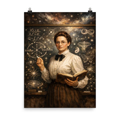 Emmy Noether at blackboard of symmetries poster on a plain backdrop in size 8"x10".