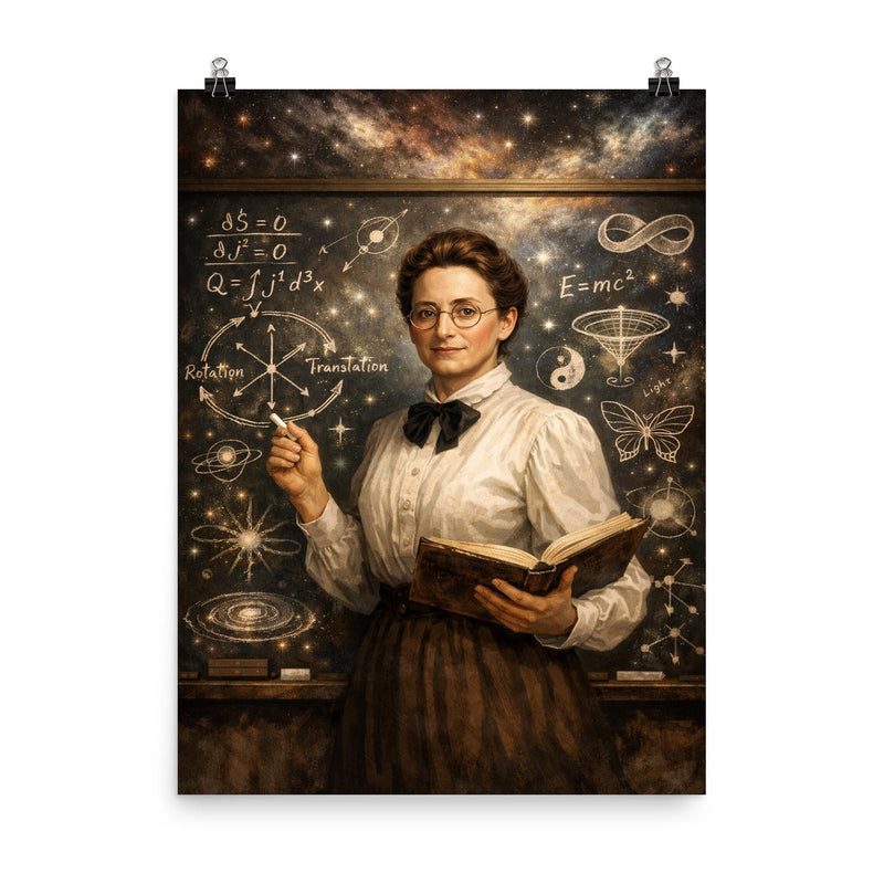 Emmy Noether at blackboard of symmetries poster on a plain backdrop in size 8