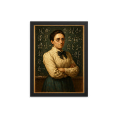 Emmy Noether before a theorem filled chalkboard framed print on a plain backdrop in size 12"x16".