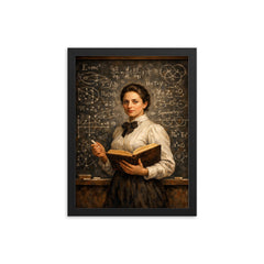 Emmy Noether before a theorem filled chalkboard framed print on a plain backdrop in size 12"x16".