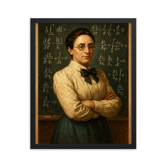 Emmy Noether before a theorem filled chalkboard framed print on a plain backdrop in size 16"x20".
