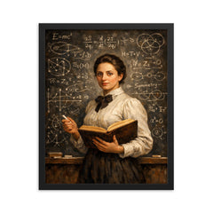 Emmy Noether before a theorem filled chalkboard framed print on a plain backdrop in size 16"x20".