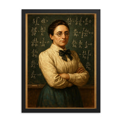 Emmy Noether before a theorem filled chalkboard framed print on a plain backdrop in size 18"x24".