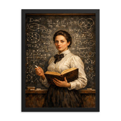 Emmy Noether before a theorem filled chalkboard framed print on a plain backdrop in size 18"x24".