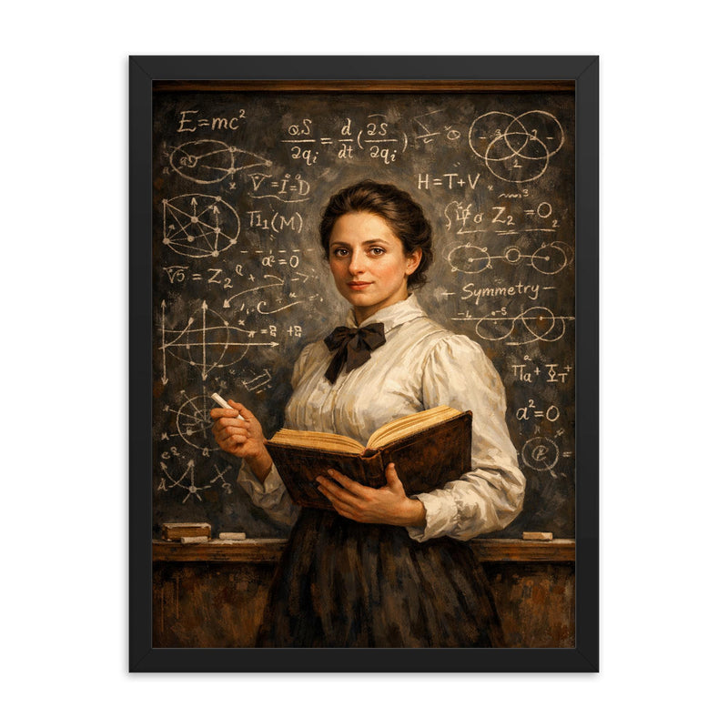Emmy Noether before a theorem filled chalkboard framed print on a plain backdrop in size 18