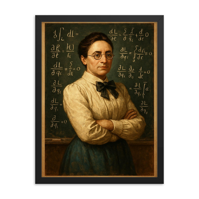 Emmy Noether before a theorem filled chalkboard framed print on a plain backdrop in size 18