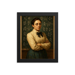 Emmy Noether before a theorem filled chalkboard framed print on a plain backdrop in size 8"x10".