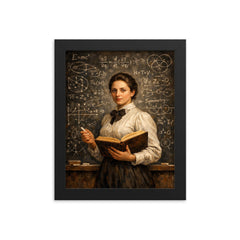 Emmy Noether before a theorem filled chalkboard framed print on a plain backdrop in size 8"x10".