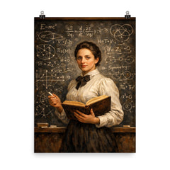 Emmy Noether before a theorem filled chalkboard poster on a plain backdrop in size 8"x10".