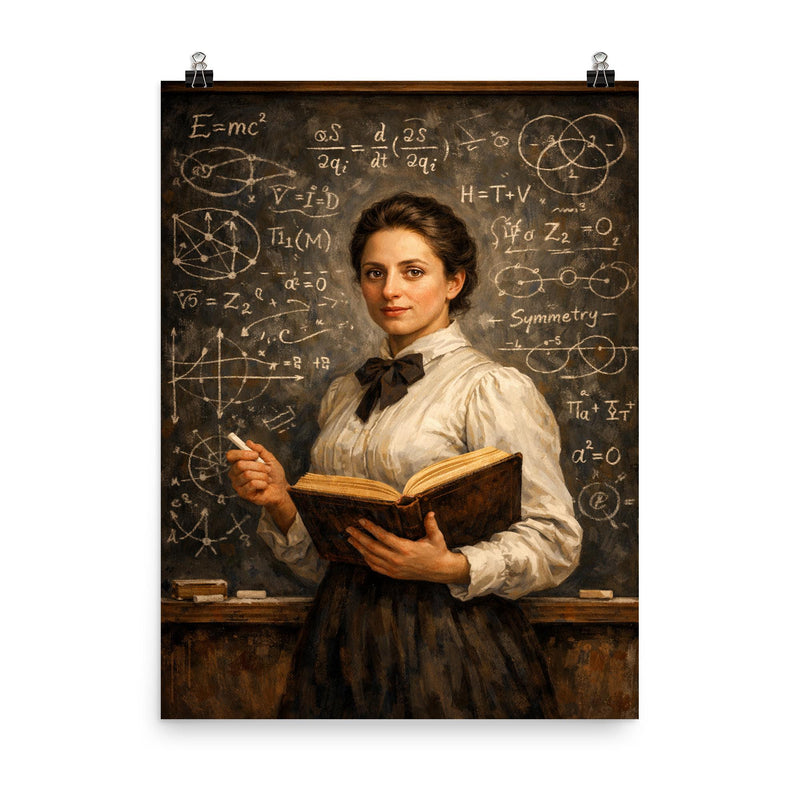 Emmy Noether before a theorem filled chalkboard poster on a plain backdrop in size 8