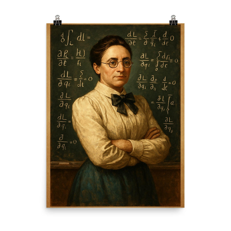 Emmy Noether before a theorem filled chalkboard poster on a plain backdrop in size 8