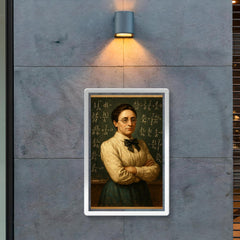 Emmy Noether before a theorem filled chalkboard poster 2