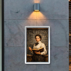 Emmy Noether before a theorem filled chalkboard poster 2