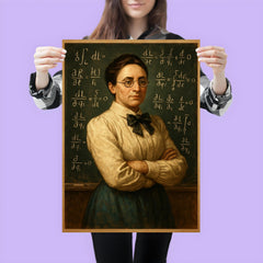 Emmy Noether before a theorem filled chalkboard poster 3