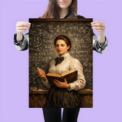 Emmy Noether before a theorem filled chalkboard poster 3