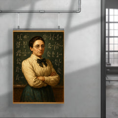 Emmy Noether before a theorem filled chalkboard poster 4