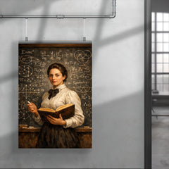 Emmy Noether before a theorem filled chalkboard poster 4