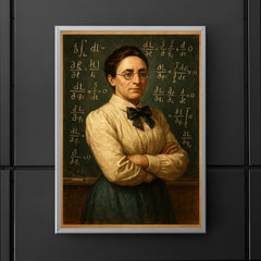 Emmy Noether before a theorem filled chalkboard poster 5
