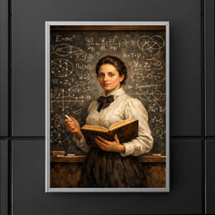 Emmy Noether before a theorem filled chalkboard poster 5
