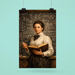 Emmy Noether before a theorem filled chalkboard poster 6