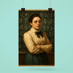 Emmy Noether before a theorem filled chalkboard poster 6