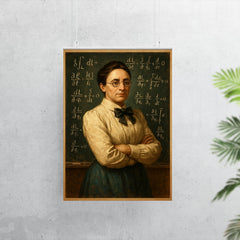 Emmy Noether before a theorem filled chalkboard poster 7