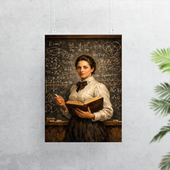 Emmy Noether before a theorem filled chalkboard poster 7