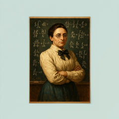 Emmy Noether before a theorem filled chalkboard poster 8