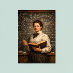 Emmy Noether before a theorem filled chalkboard poster 8