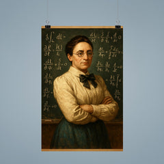Emmy Noether before a theorem filled chalkboard poster 9