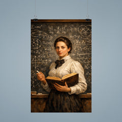 Emmy Noether before a theorem filled chalkboard poster 9