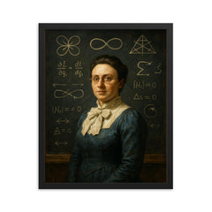Emmy Noether before blackboard symmetries framed print on a plain backdrop in size 16"x20".