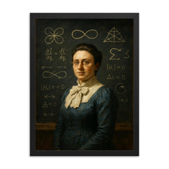 Emmy Noether before blackboard symmetries framed print on a plain backdrop in size 18"x24".