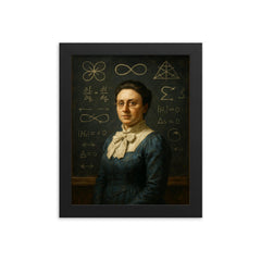 Emmy Noether before blackboard symmetries framed print on a plain backdrop in size 8"x10".